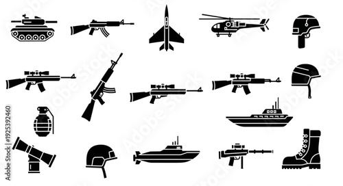 Collection of military equipment and weapons icons.