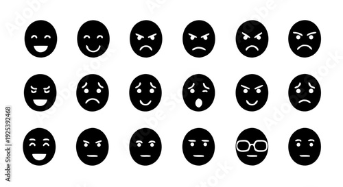 Black Silhouette Universal Face Icon Set – 20 Minimal Emotion Expressions