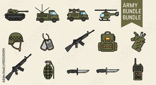 Collection of Military Equipment and Weapons Icons.