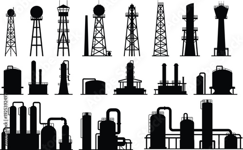 Black silhouette vector illustration of industrial towers, communication structures, water towers, distillation columns, storage tanks, reactors, and petrochemical plant components.