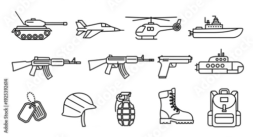 Collection of Military Equipment and Vehicles Icons.