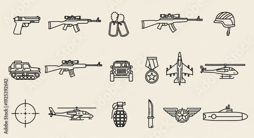 Collection of military equipment and vehicles icons.