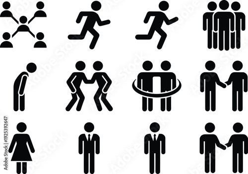 Black silhouette vector illustration of human figures showing teamwork, communication, running, dancing, friendship, agreement, unity, and social interaction.