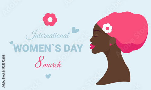 International Women's Day. March 8. Banner with an African girl.