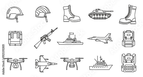 Collection of military equipment and vehicles hand-drawn sketch style.