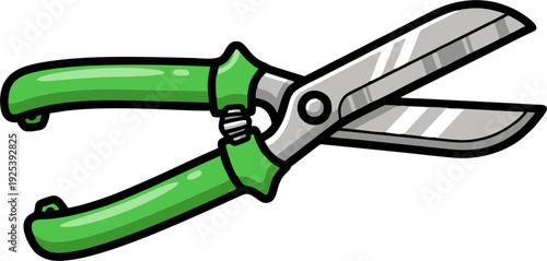 Green handled garden shears for pruning and trimming plants.
