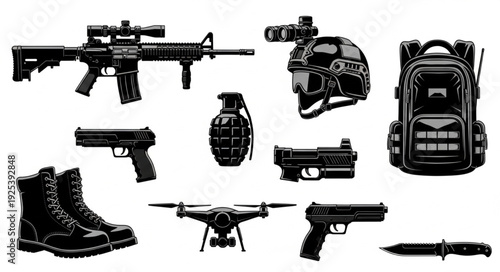 Collection of military equipment and tactical gear.