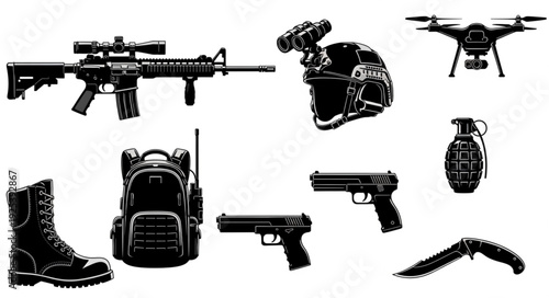 Collection of military equipment and tactical gear silhouettes.