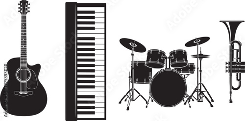 Black silhouette illustrations of acoustic guitar, keyboard, drum set, and trumpet arranged side by side, symbolizing music, band instruments, performance, sound diversity, and artistic design.
