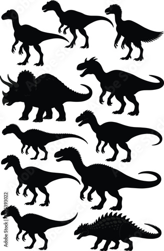 Dinosaur silhouettes collection featuring various prehistoric species in side view poses isolated on white background, Jurassic and Cretaceous era reptile set illustration