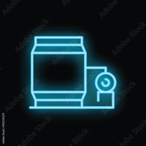Blue neon icon of a beer can and cardboard box with recycling sign glowing on black background