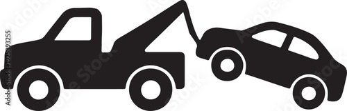 Tow truck silhouette pulling broken car, roadside assistance and recovery service concept, logistics emergency transport vector illustration.