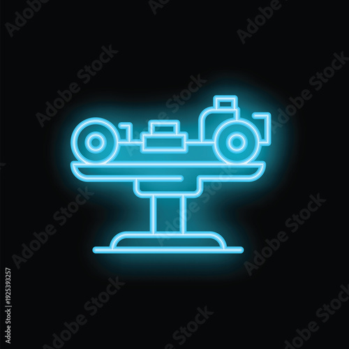 Neon blue icon of a luggage conveyor belt glowing on a black background