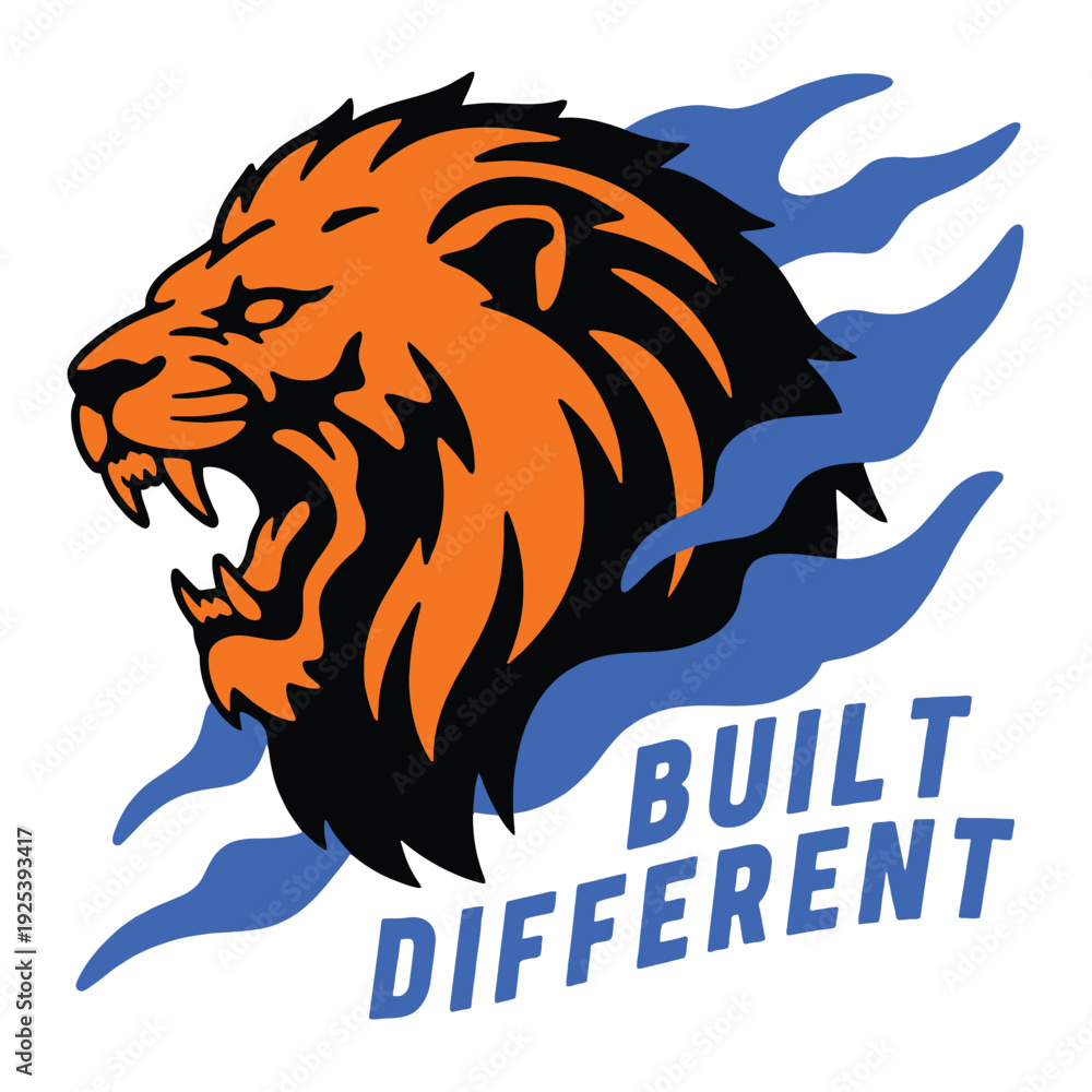 Fototapeta premium Lion head illustration in bold orange and black features a dynamic 'Built.