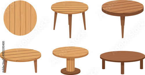 Round Wooden Table Collection Top and Side View Furniture Vector Set Isolated for Interior Design Home Decor and Carpentry Concepts.