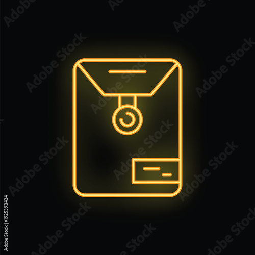 Bright yellow neon glowing confidential mail envelope icon on a black background