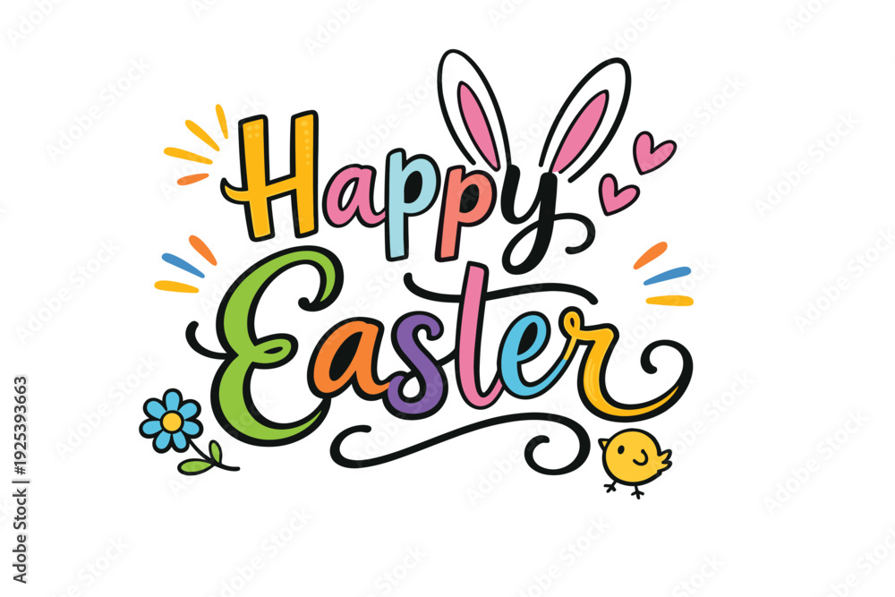Obraz premium Colorful Happy Easter lettering with bunny ears and cute chick