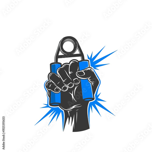 A clenched fist holding a blue hand grip trainer, symbolizing strength and fitness