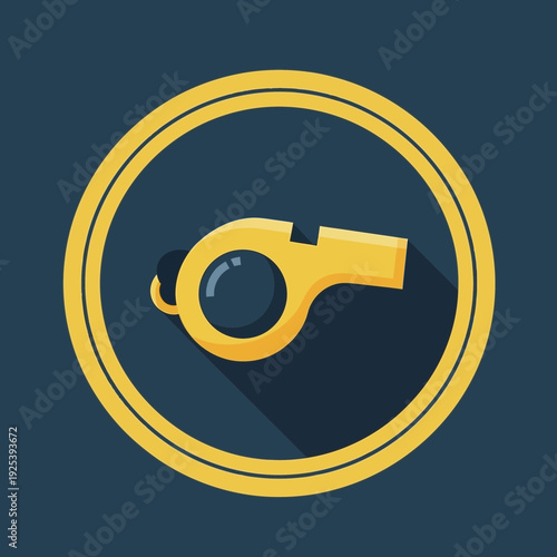 A stylized yellow whistle inside a yellow circular border on a dark blue background