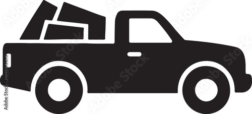 Pickup truck silhouette carrying heavy cargo load, logistics and transport concept, strong utility vehicle outline, clean black vector illustration, minimal flat design.