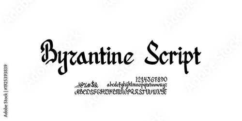 Creative Hand Drawn Font Uppercase Lowercase Number Symbol. Elegant Byzantine Calligraphy Inspired Typography. Artistic Medieval Roman Style. Decorative serif modern vintage vector illustration.