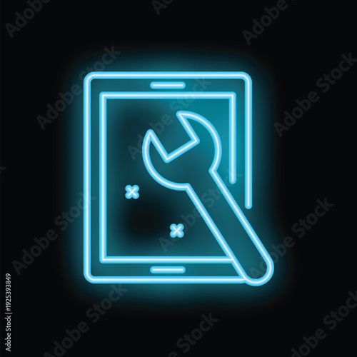 Blue neon icon of a wrench repairing a mobile phone on a black background