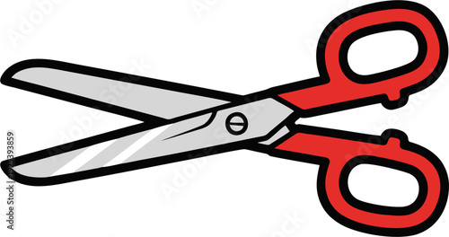 Red handled scissors open ready for cutting tasks.