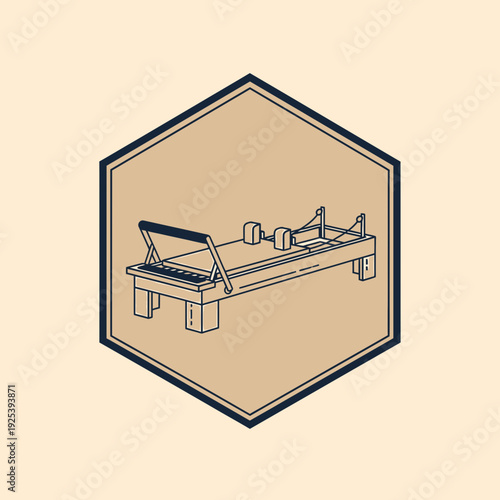 Clean line art illustration of a Pilates Reformer machine inside a hexagonal frame, representing fitness and exercise