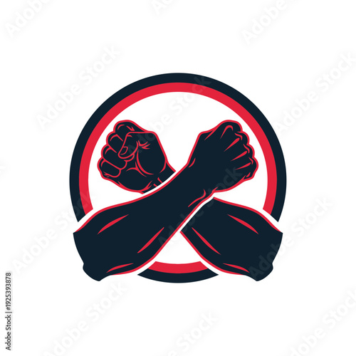 Crossed Arms Competition Logo with Fists and Muscles Symbolizing Strength