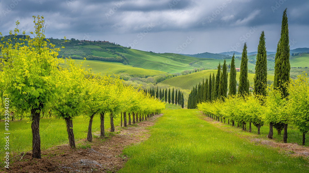 Fototapeta premium Rolling vineyard with tall cypress trees under cloudy sky