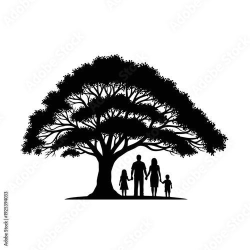 Family stands under a large tree silhouette, representing togetherness and love.