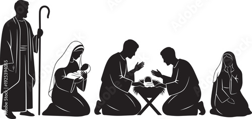 Black silhouette nativity scene illustration with shepherd, kneeling figures, baby Jesus in manger, prayerful men, seated woman, symbolizing Christian faith, Christmas tradition, and rel 