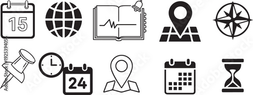 Set of simple black icons for notification location calendar clock and house. 