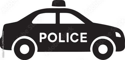 Minimal police car silhouette with clean modern outline, emergency law enforcement vehicle concept, simple black vector design, isolated on white background.