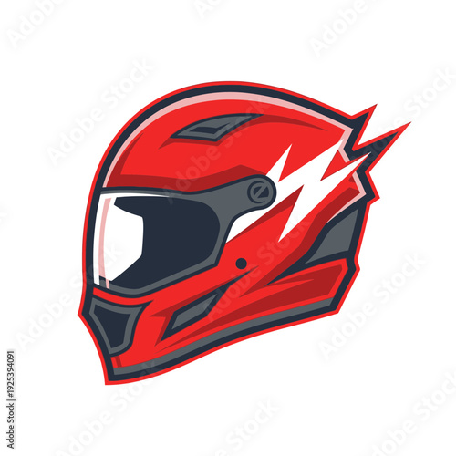 Dynamic red racing helmet with a thunderbolt design