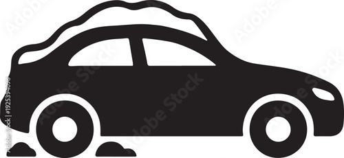 Snow driving car silhouette in winter road concept, cold weather transport, slippery road driving illustration, clean black vector silhouette.