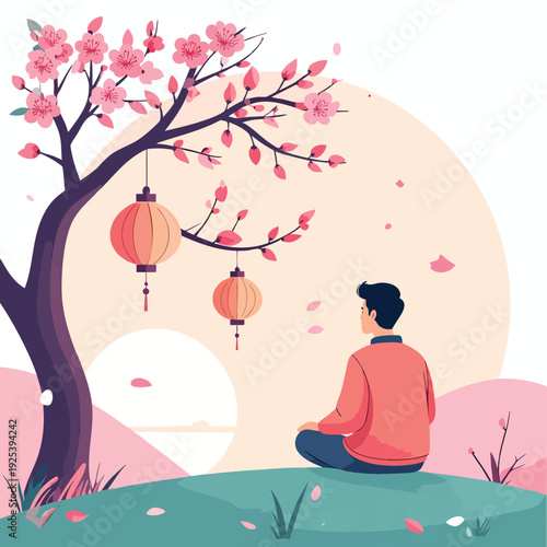 A serene man meditates under blooming cherry blossoms with hanging lanterns at dusk from behind