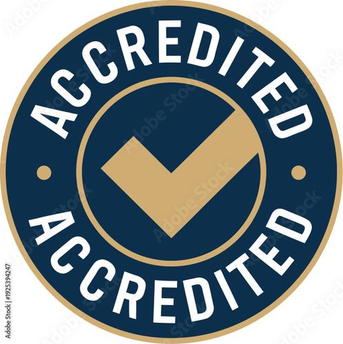 A navy blue and gold accredited badge with a checkmark