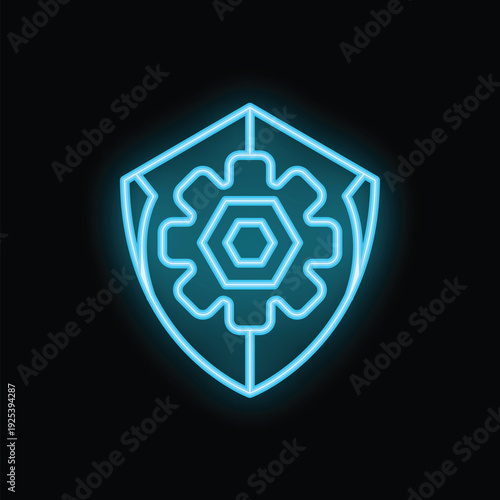 Neon blue shield protecting a gear icon, representing cybersecurity and data protection