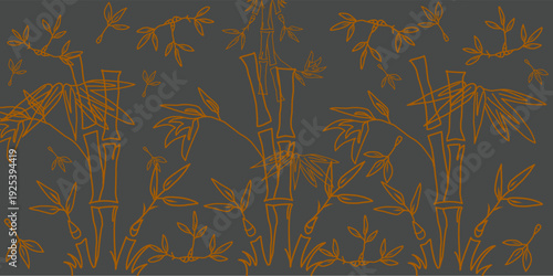 Hand-drawn bamboo pattern in gold. Vector illustration for fabric prints, interior design, and wallpaper.