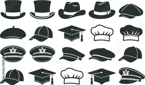 "Set of twenty diverse hat silhouettes including cowboy hats, top hats, baseball caps, chef hats, graduation caps, berets, police hats, and military caps in black vector icons"