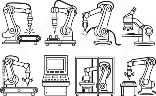 Black and white vector illustration of robotic arms, automation machinery, conveyor systems, laboratory microscope, control panels, and industrial equipment icons.