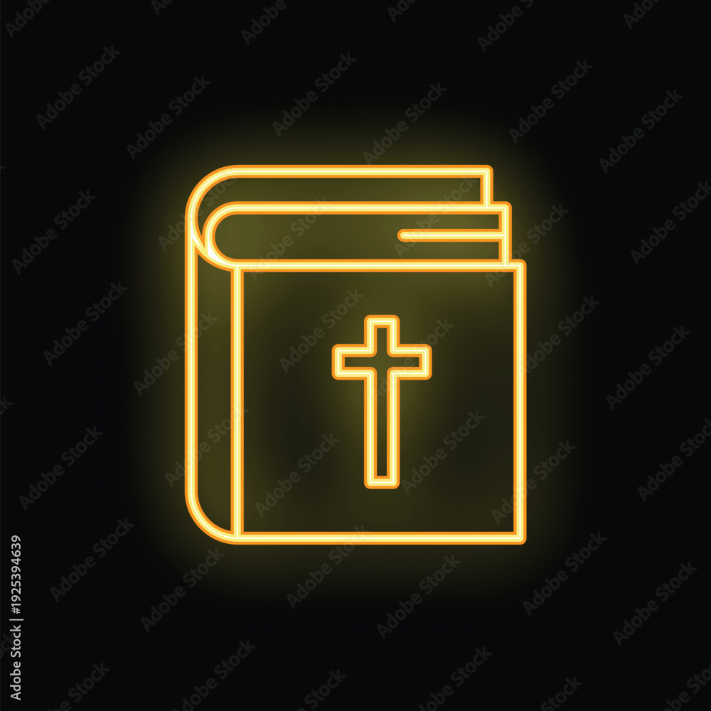 Fototapeta premium Yellow neon sign of a bible with a cross on the cover glowing on a dark background