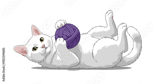 Playful white cat lying on its back on a white surface while holding a purple ball of wool with its paws and looking curious.