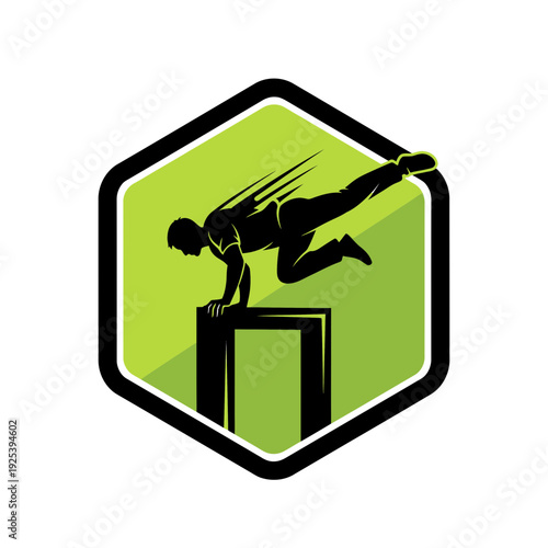 Silhouette of an athlete performing a dynamic parkour vault over a block, representing urban movement and agility.