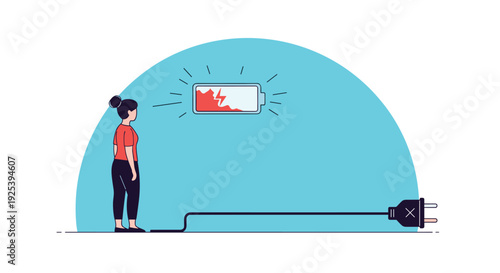 Woman standing in front of a giant low battery icon with a disconnected power plug on the floor representing exhaustion and burnout.
