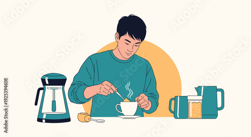 Young man in a blue sweater carefully preparing hot tea with a teabag and various kitchen accessories on a light background.