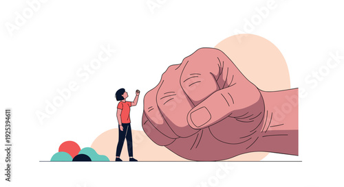 Tiny young woman standing in front of a giant closed human fist representing the struggle against oppression and big challenges.