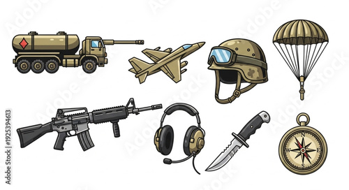 Collection of military equipment and supplies illustration.
