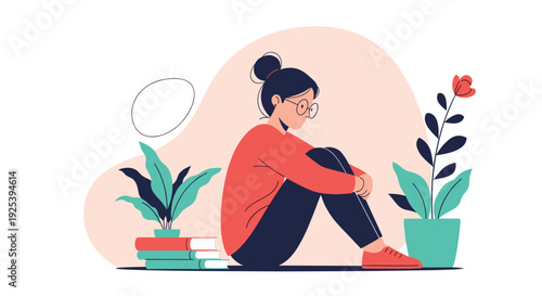 Sad young woman sitting on the floor with her knees to her chest surrounded by green potted plants and a stack of books at home.